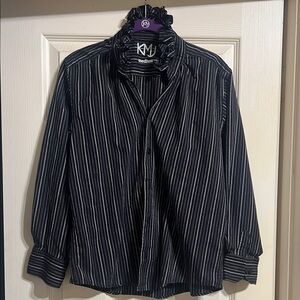 Women's Black Striped Button Down Shirt with Ruffle Collar; Quarantina by KMJ